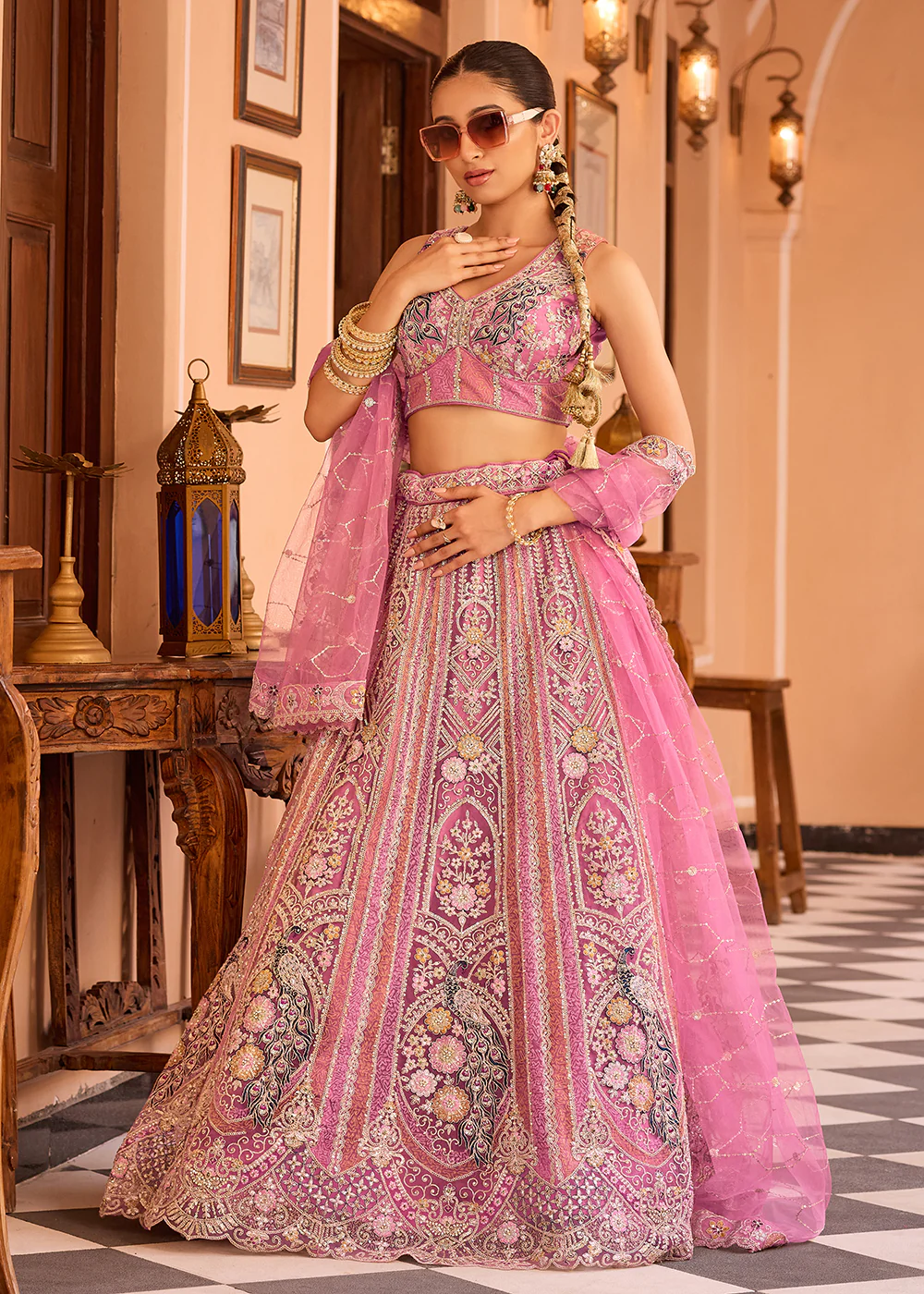 Adorable Pink Net Embroidered Bridesmaids Lehenga Choli - Image 5