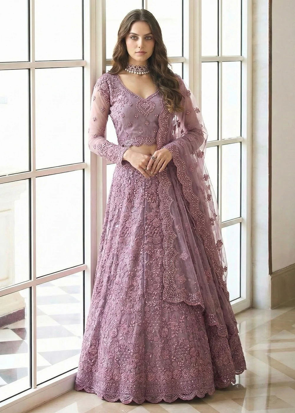 Adorable Purple Heavy Net Embroidered Bridal Lehenga Choli - Image 3