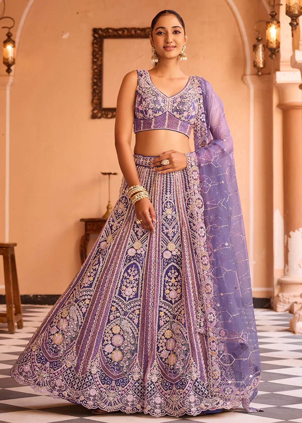 Adorable Purple Net Embroidered Bridesmaids Lehenga Choli