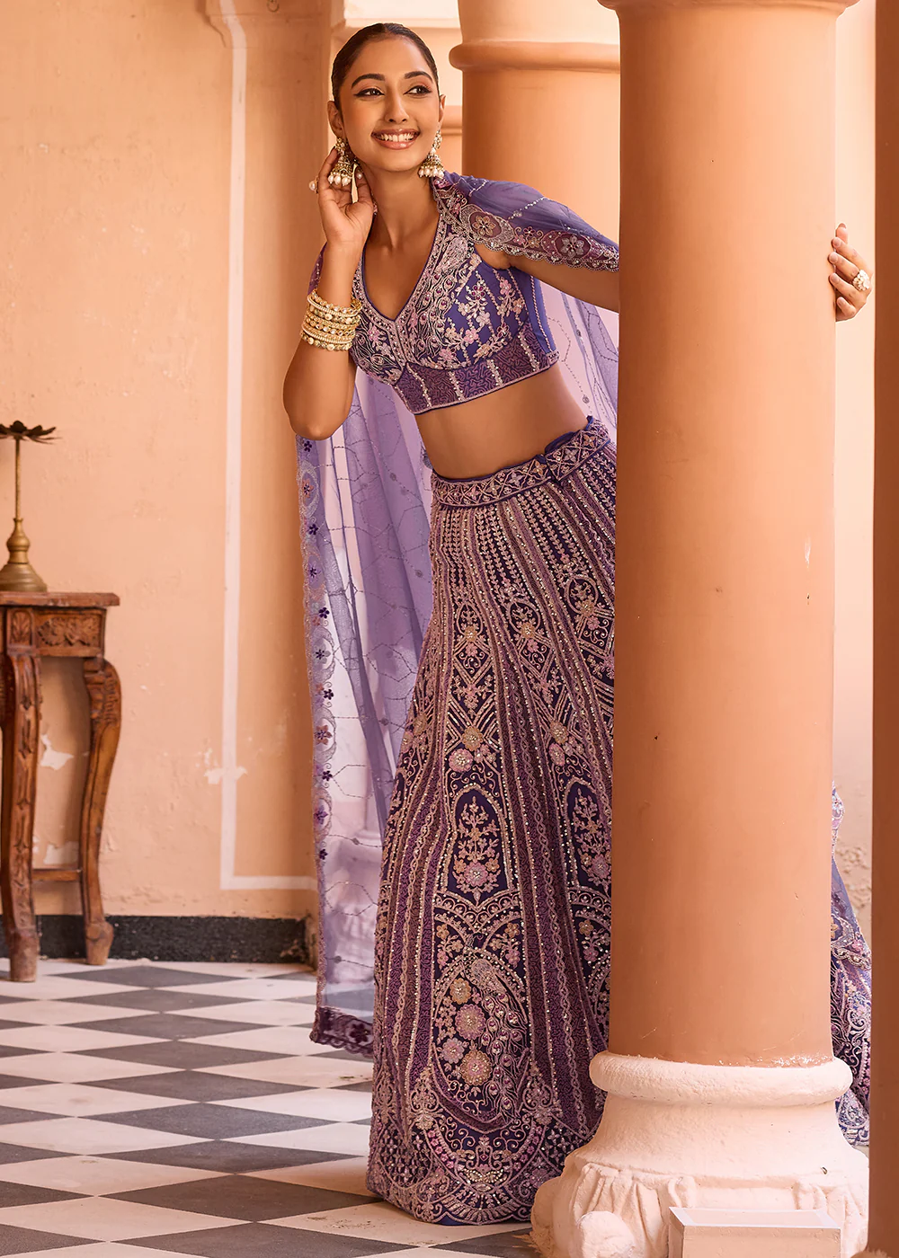 Adorable Purple Net Embroidered Bridesmaids Lehenga Choli - Image 4