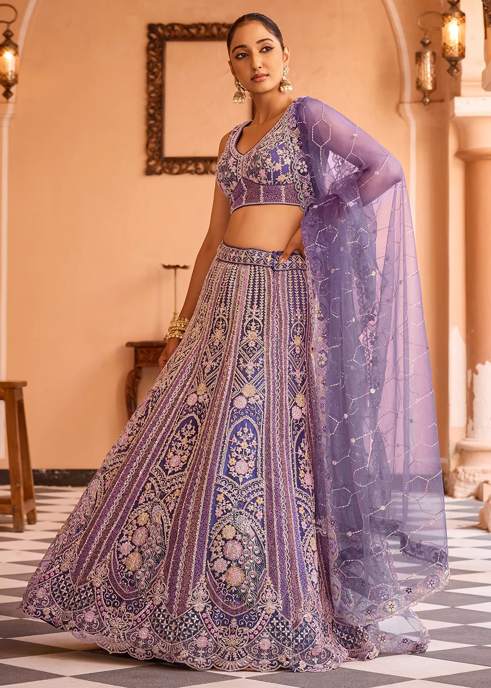 Adorable Purple Net Embroidered Bridesmaids Lehenga Choli - Image 6