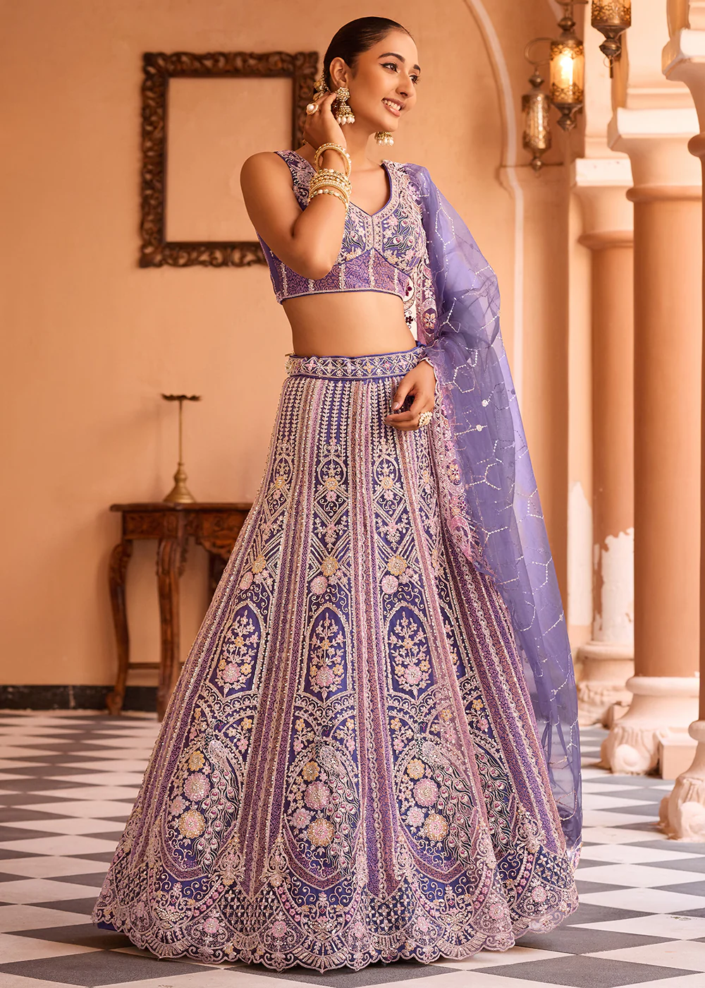 Adorable Purple Net Embroidered Bridesmaids Lehenga Choli - Image 7