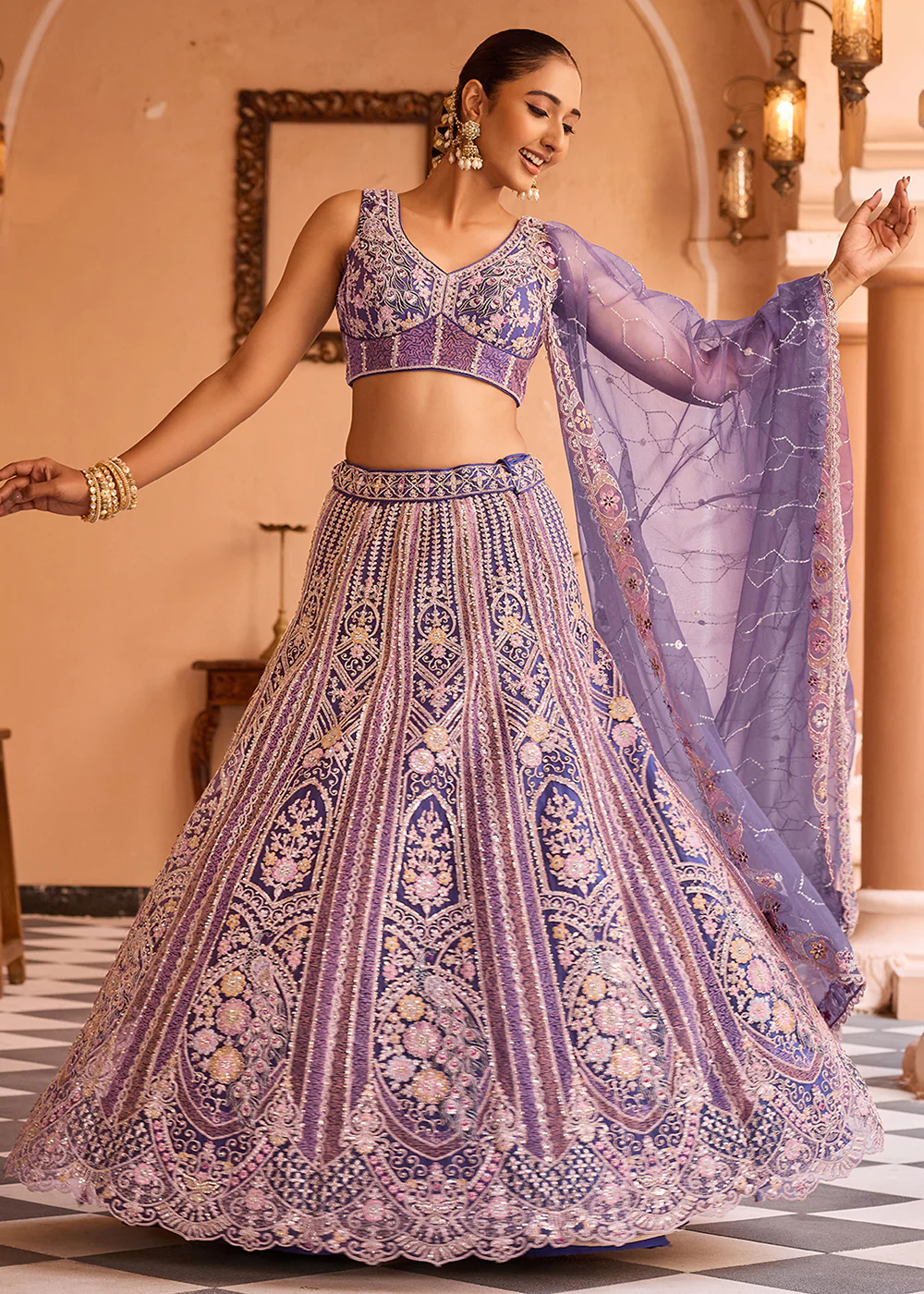 Adorable Purple Net Embroidered Bridesmaids Lehenga Choli - Image 9