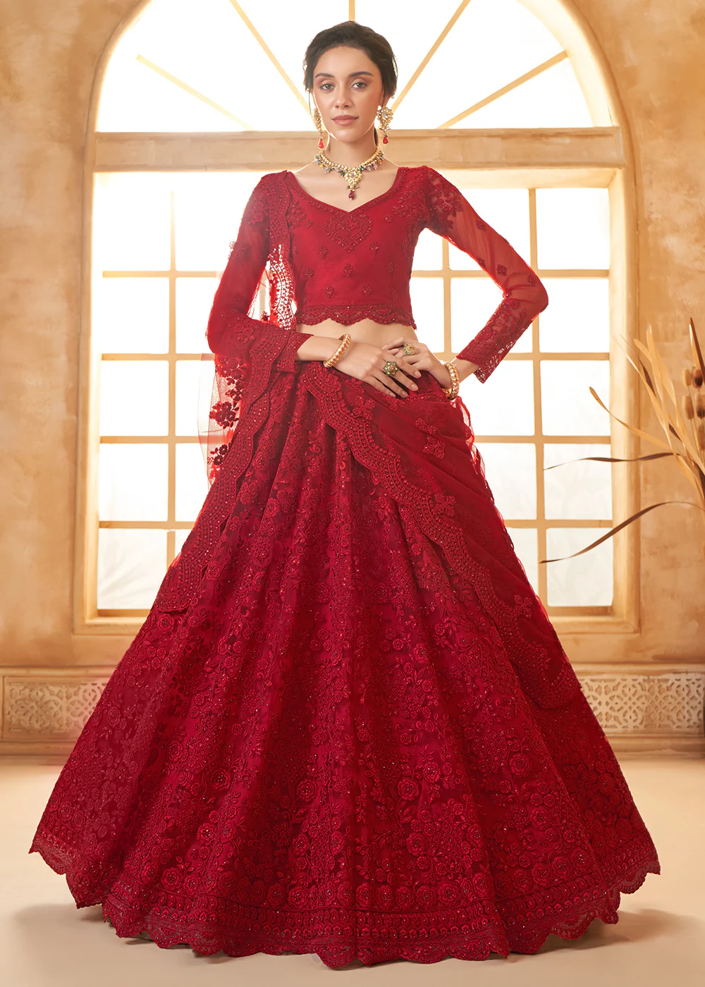 Adorable Red Heavy Net Embroidered Bridal Lehenga Choli