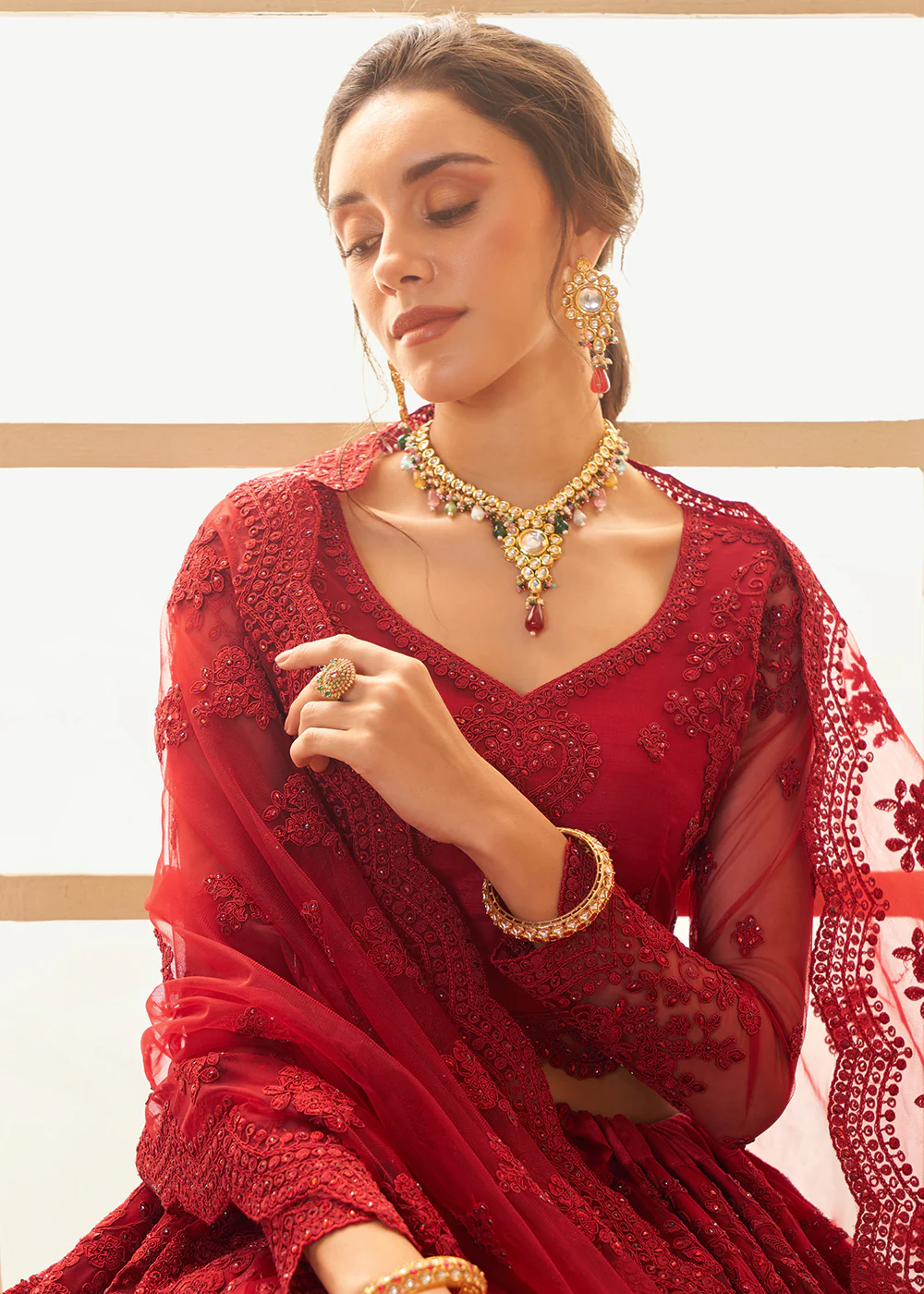 Adorable Red Heavy Net Embroidered Bridal Lehenga Choli - Image 2