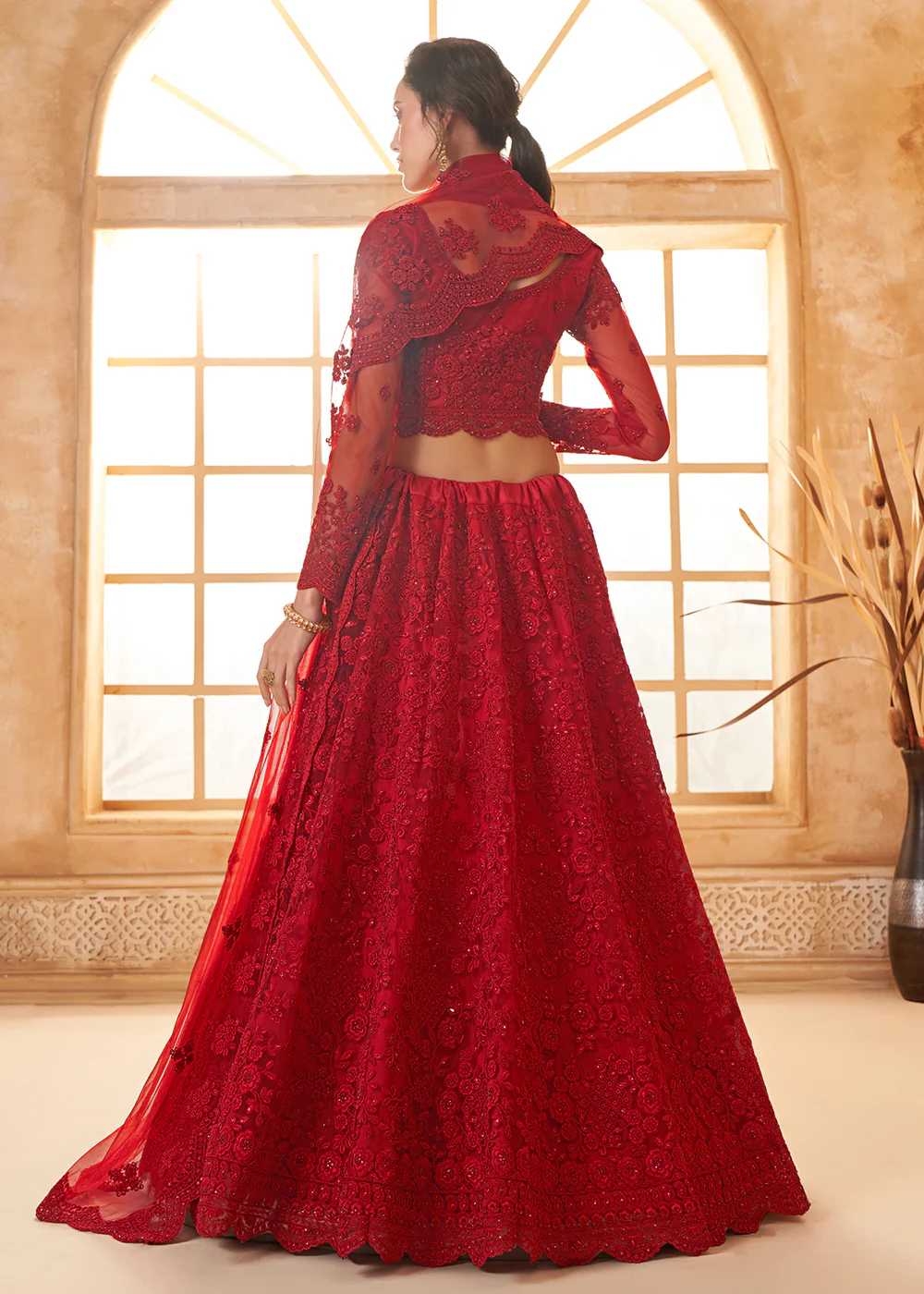 Adorable Red Heavy Net Embroidered Bridal Lehenga Choli - Image 3
