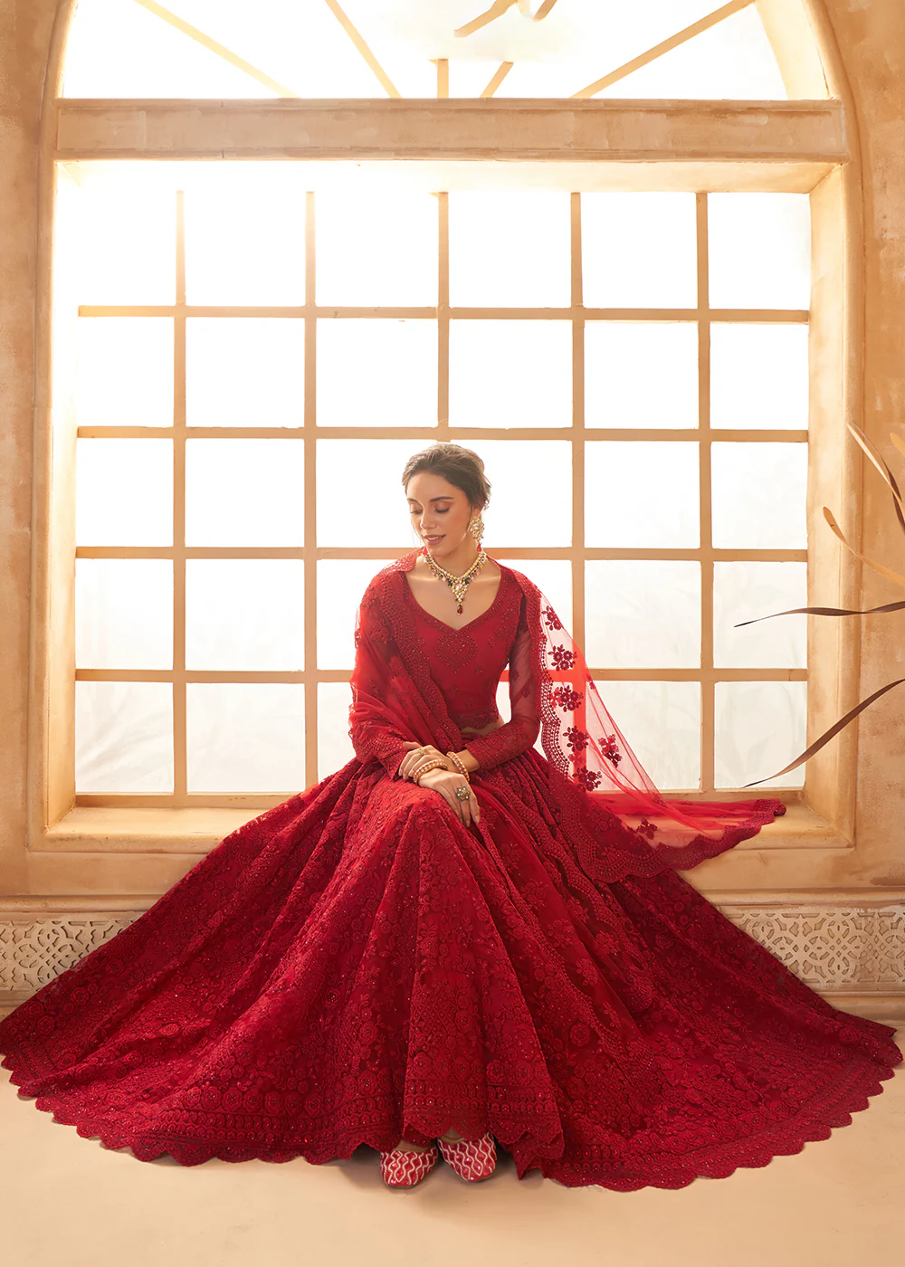 Adorable Red Heavy Net Embroidered Bridal Lehenga Choli - Image 4