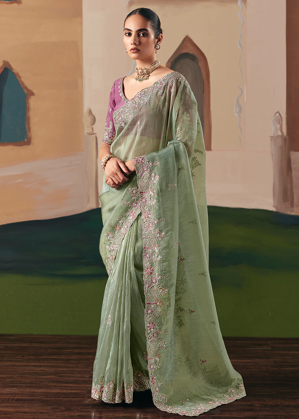 Adorable Sage Green Fancy Fabric Festive Designer Saree