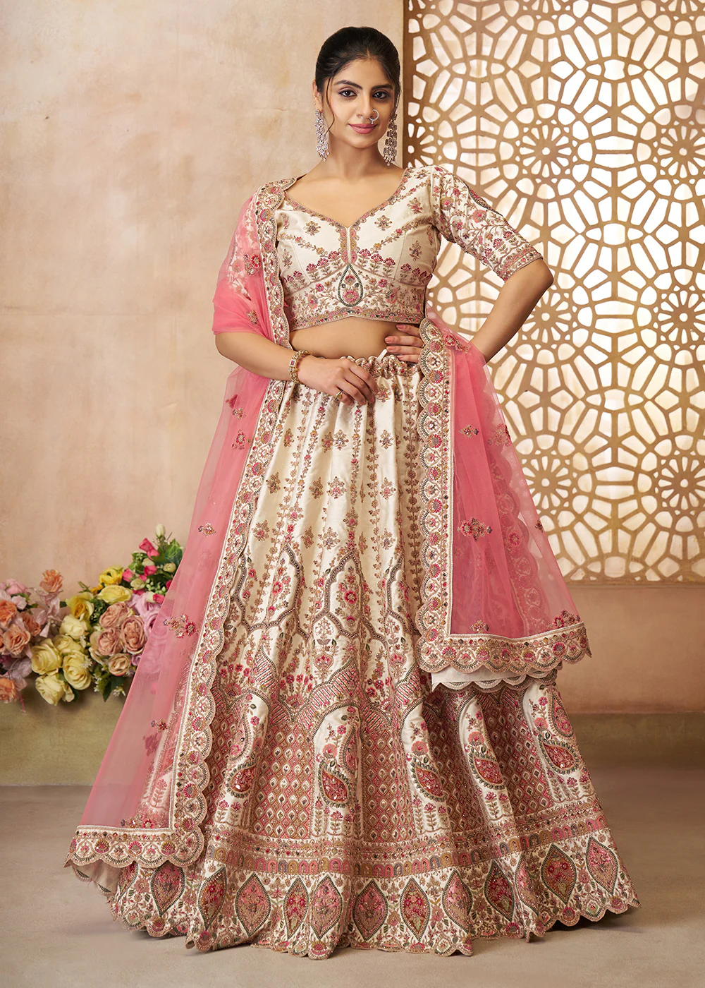 Adorable Cream Wedding Wear Lehenga Choli for Bridesmaids