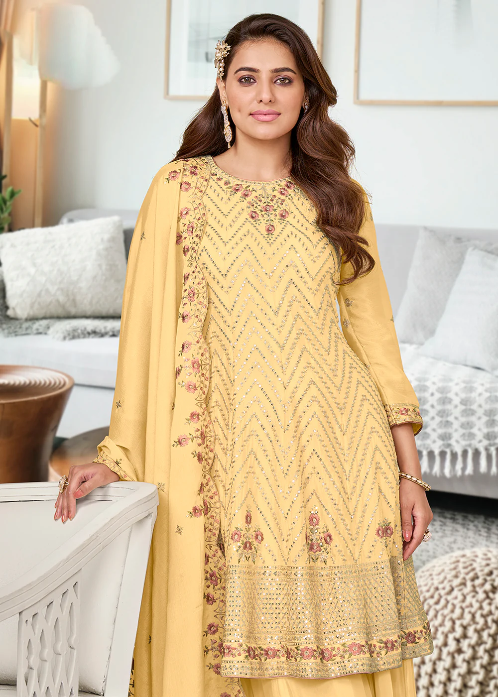 Adorning Lemon Yellow Heavy Chinon Embroidered Palazzo Kurta Set - Image 3
