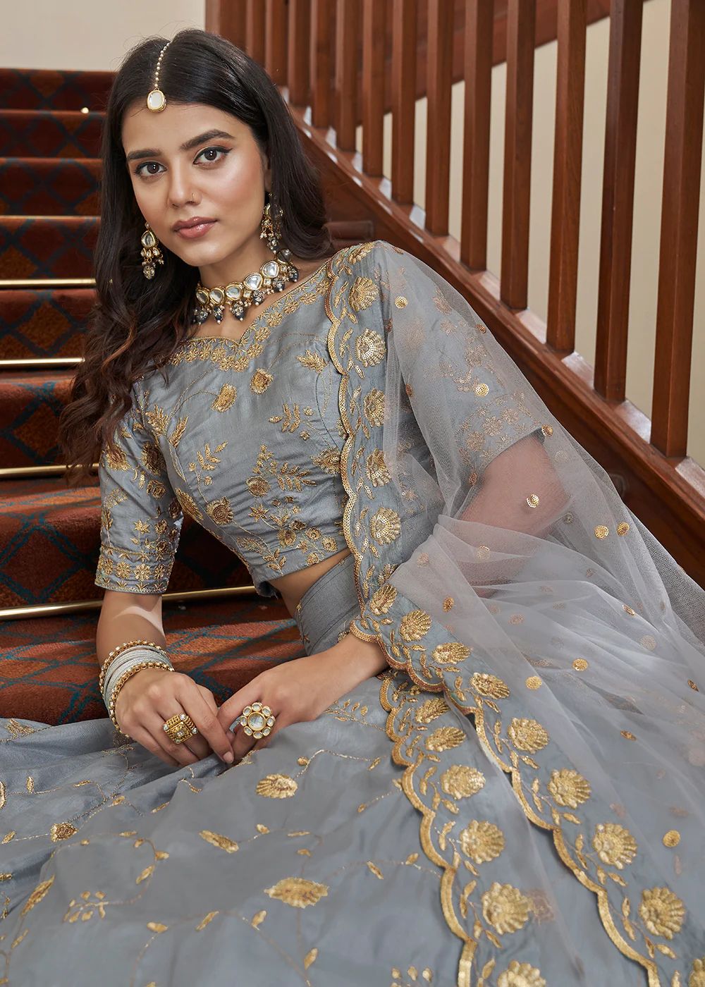 Adorning Art Silk Light Grey Wedding Lehenga Choli - Image 2