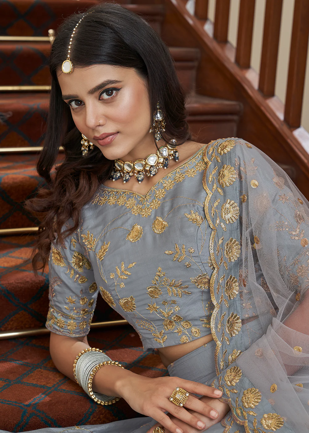 Adorning Art Silk Light Grey Wedding Lehenga Choli - Image 5