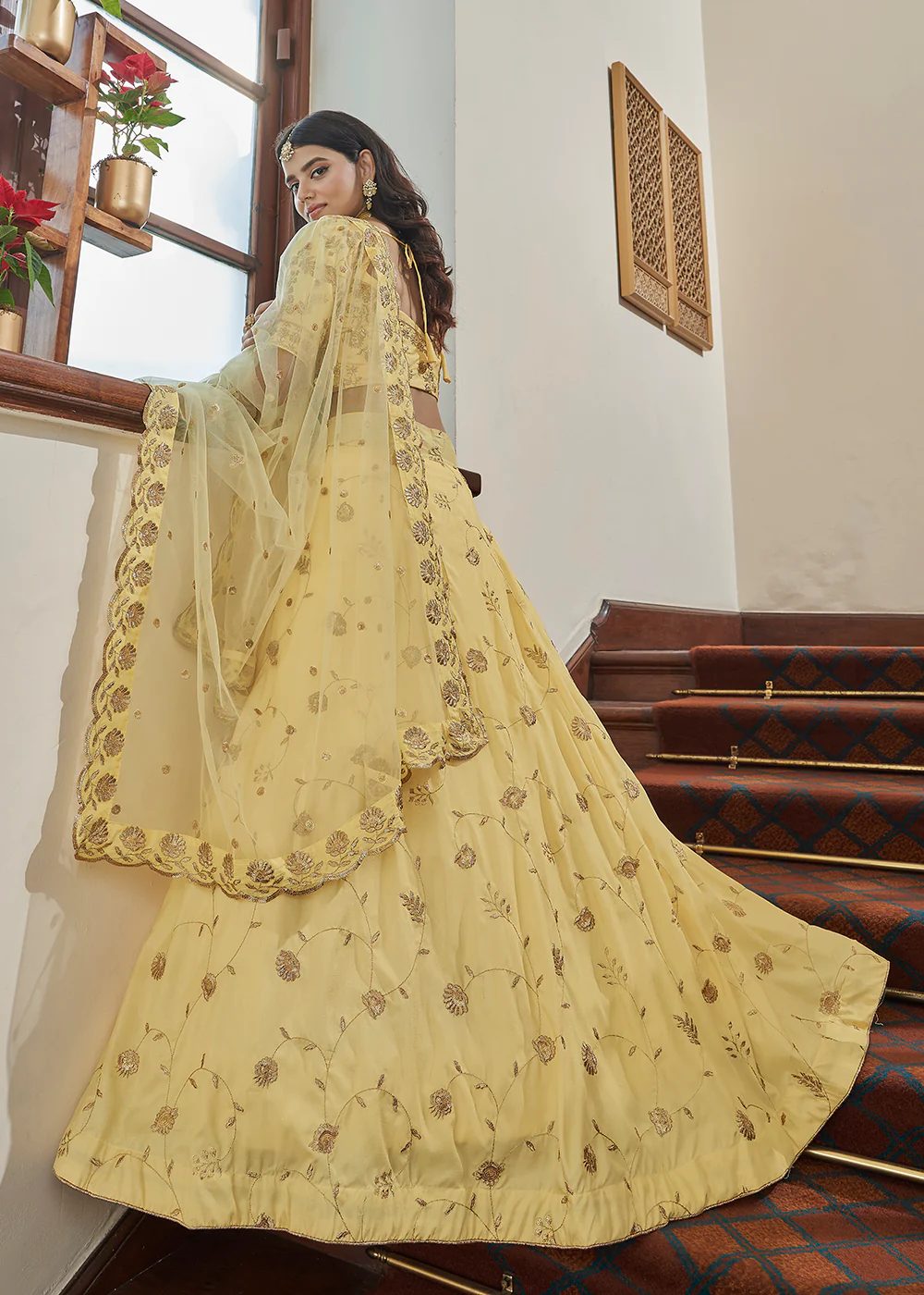 Adorning Art Silk Light Yellow Wedding Lehenga Choli - Image 3