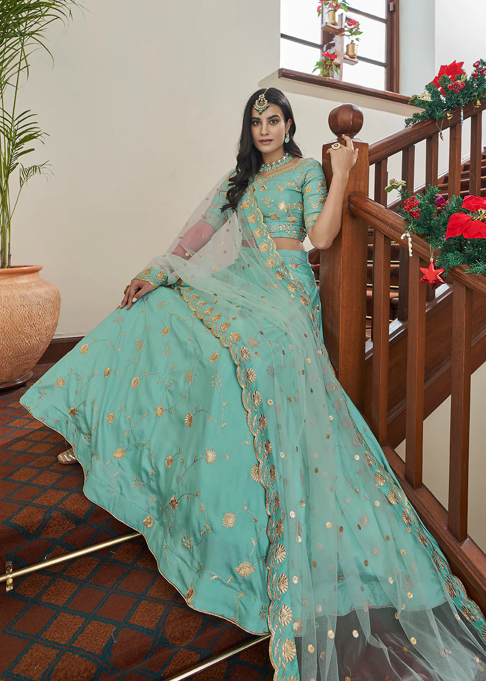 Adorning Art Silk Sky Blue Wedding Lehenga Choli - Image 3