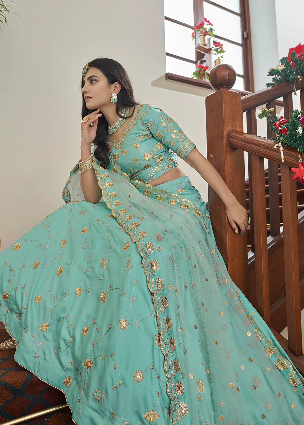 Adorning Art Silk Sky Blue Wedding Lehenga Choli - Image 4