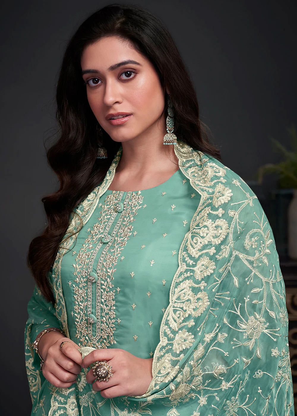 Adorning Blue Embroidered Organza Festive Pant Style Suit - Image 2