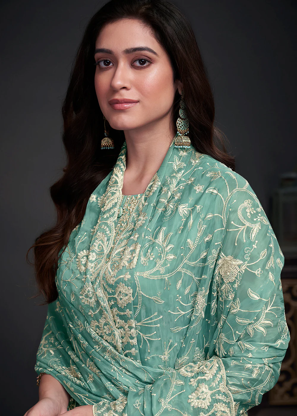 Adorning Blue Embroidered Organza Festive Pant Style Suit - Image 3