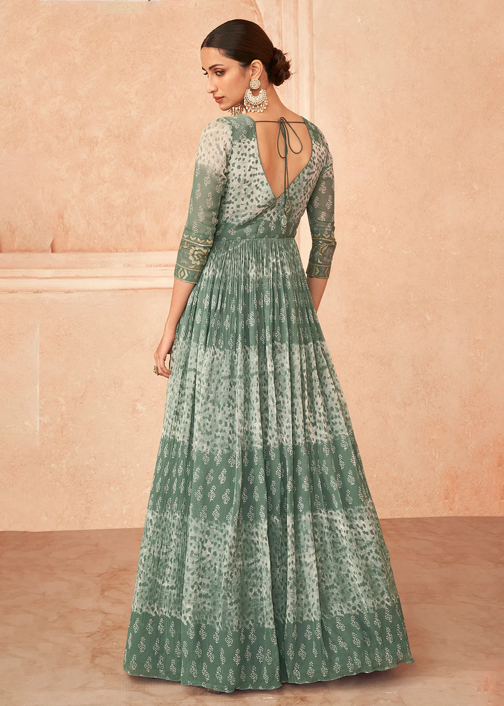 Adorning Green Georgette Embroidered Wedding Wear Gown - Image 3