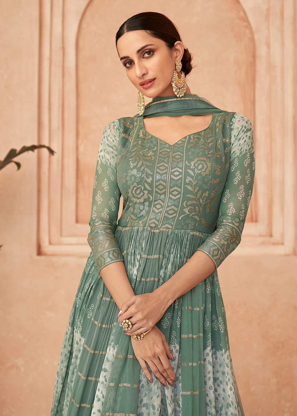 Adorning Green Georgette Embroidered Wedding Wear Gown - Image 4