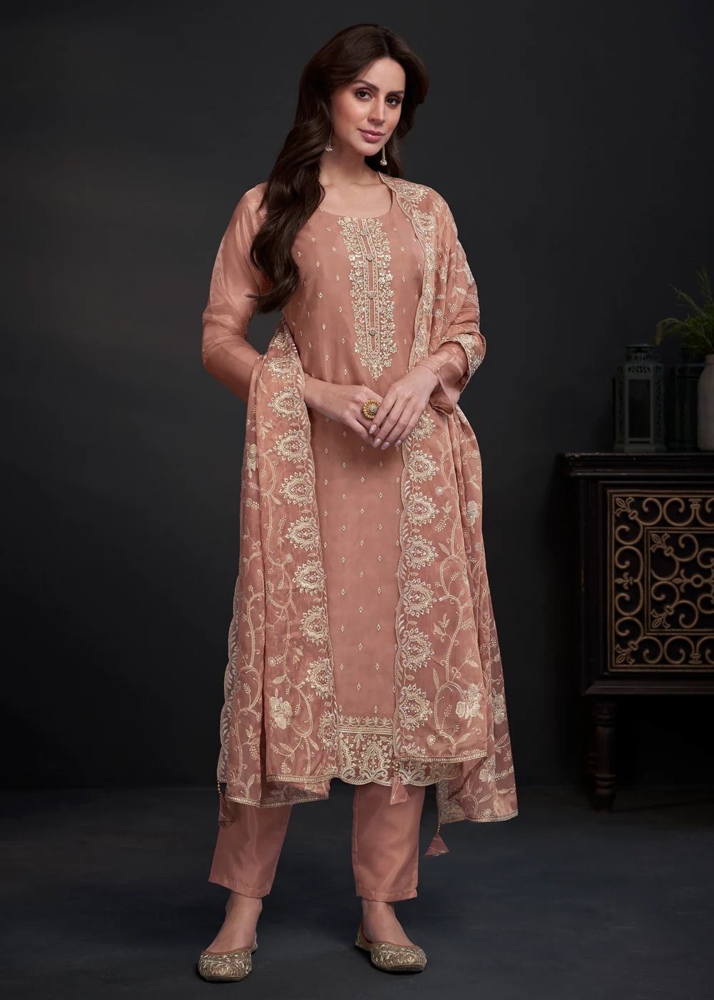 Adorning Peach Embroidered Organza Festive Pant Style Suit - Image 3