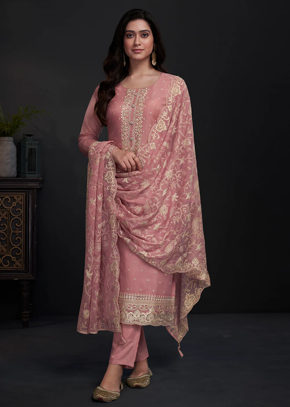 Adorning Pink Embroidered Organza Festive Pant Style Suit - Image 3