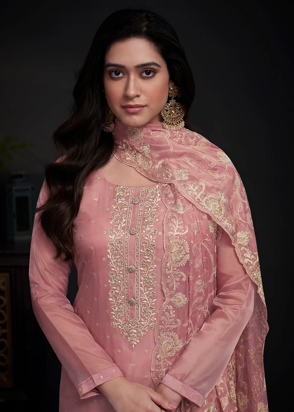 Adorning Pink Embroidered Organza Festive Pant Style Suit - Image 4