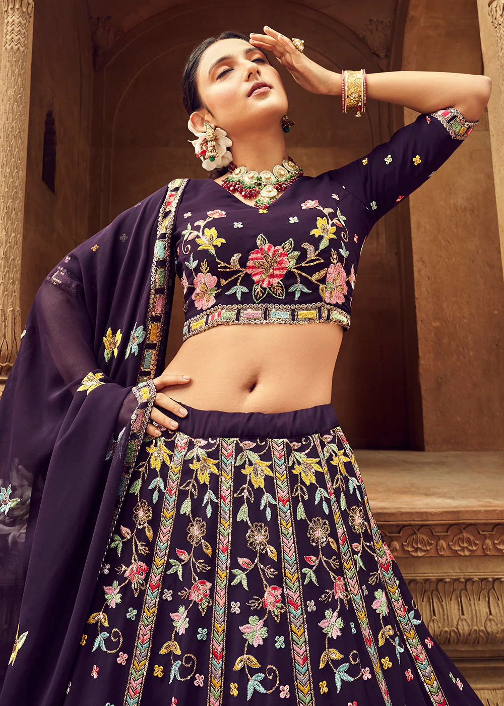 Adorning Purple Bridesmaid Georgette Wedding Lehenga Choli - Image 2
