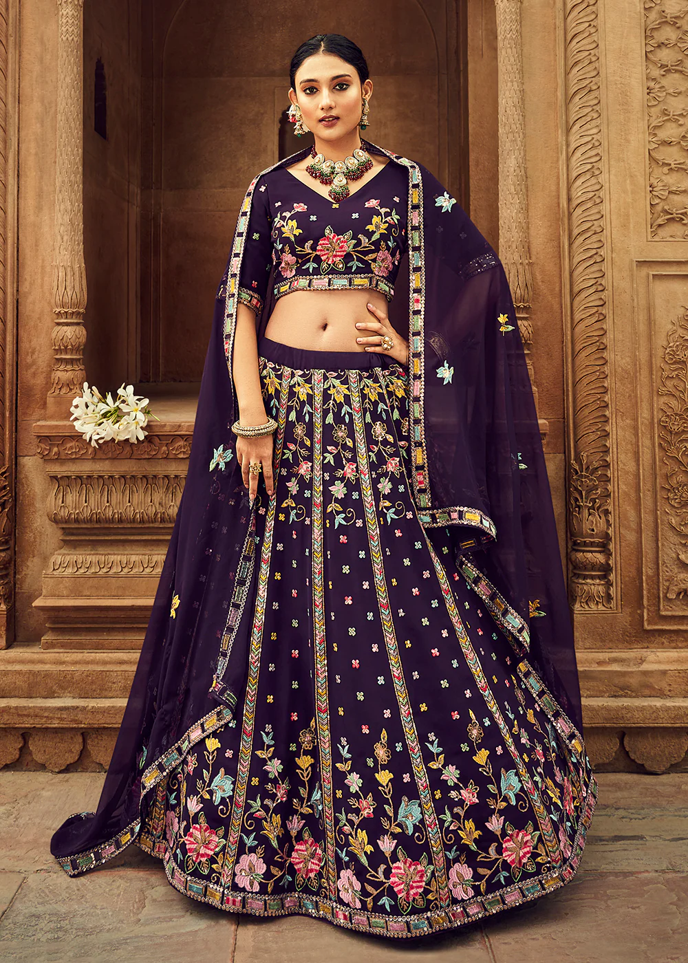 Adorning Purple Bridesmaid Georgette Wedding Lehenga Choli - Image 3