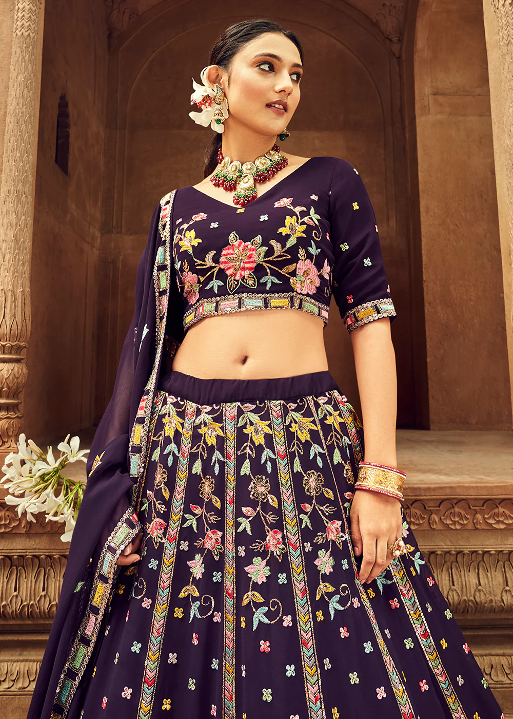 Adorning Purple Bridesmaid Georgette Wedding Lehenga Choli - Image 4