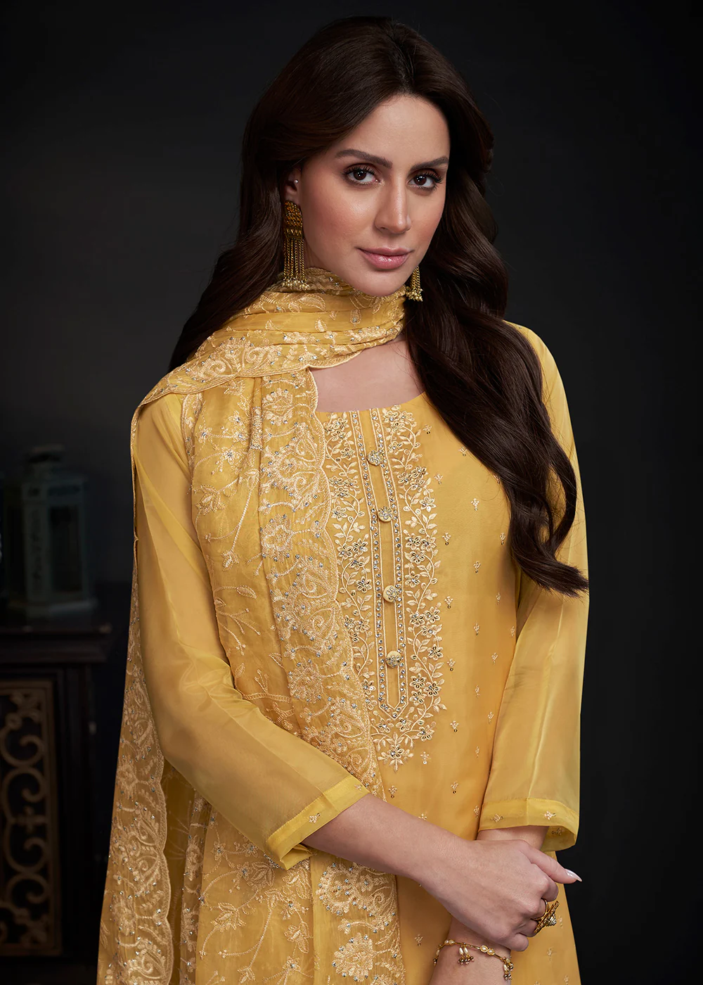 Adorning Yellow Embroidered Organza Festive Pant Style Suit - Image 2
