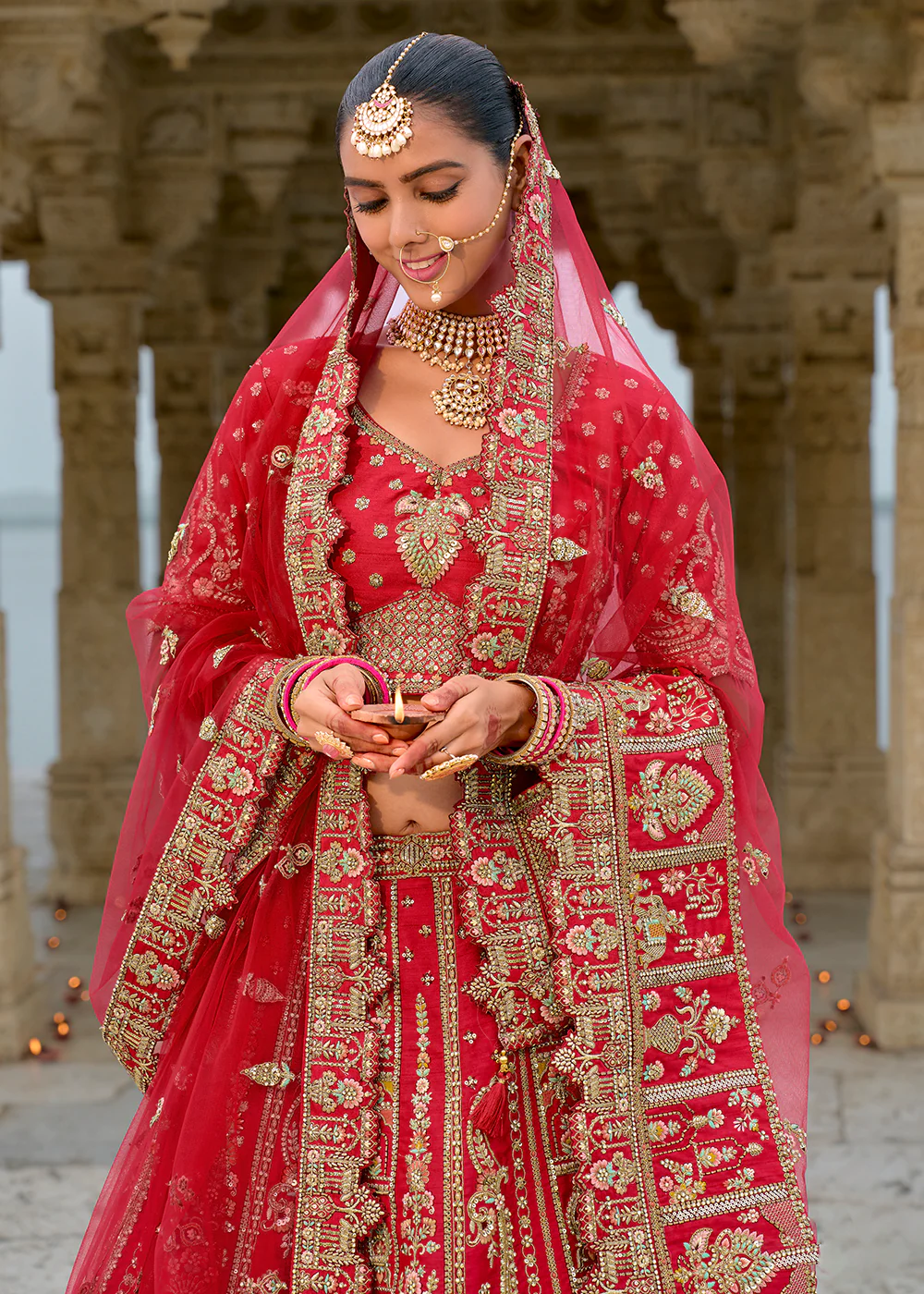 Allure Red Silk Embroidered Bridal Wear Lehenga Choli - Image 2
