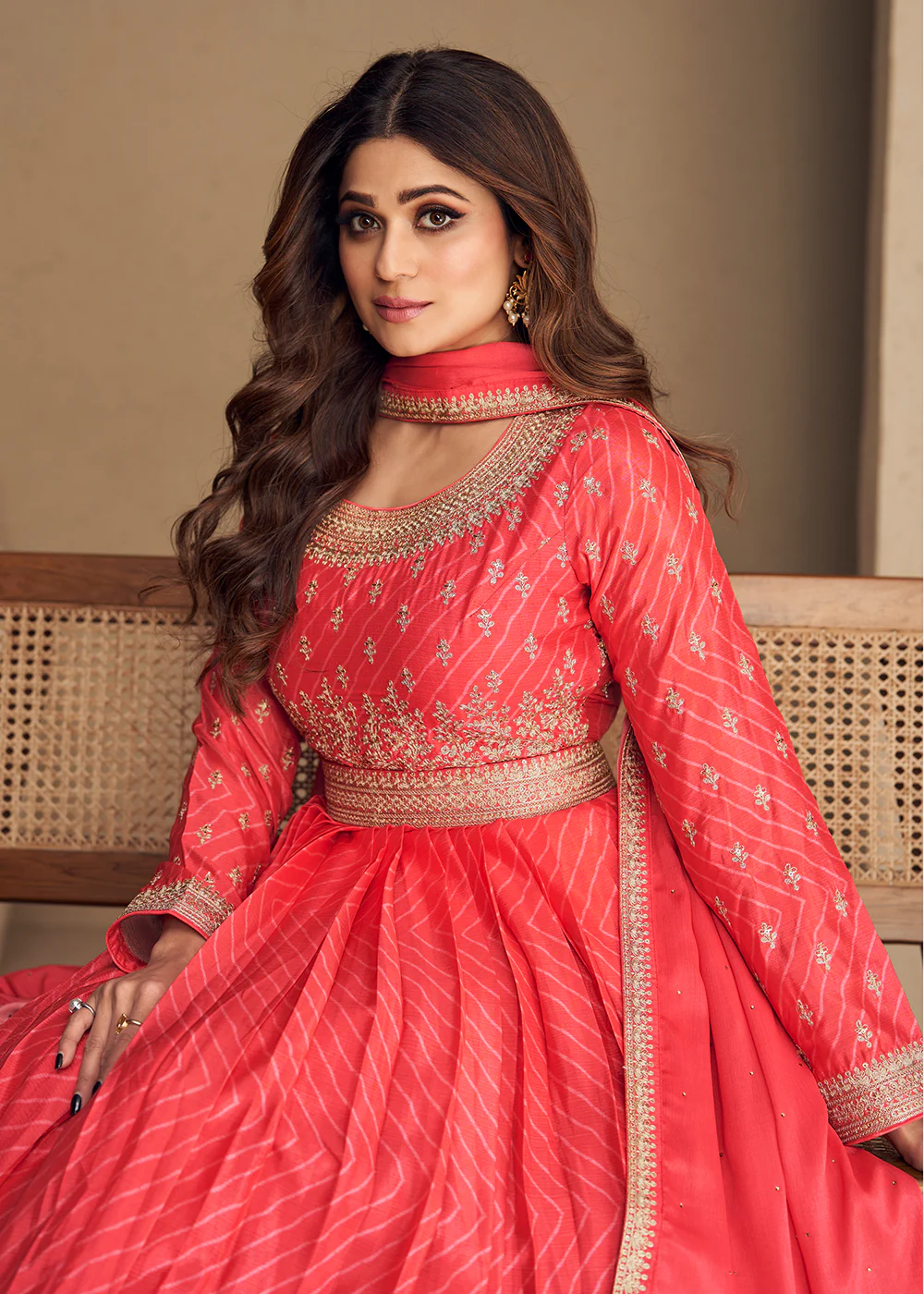 Alluring Chinon Silk Peachy Orange Embroidered Engagement Wear Anarkali - Image 2