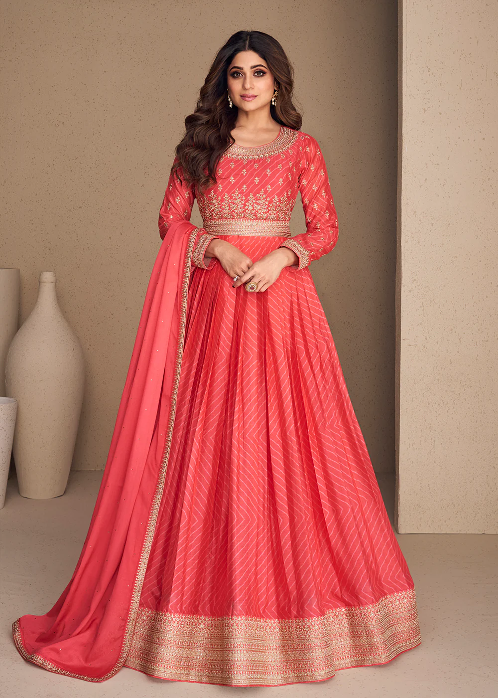 Alluring Chinon Silk Peachy Orange Embroidered Engagement Wear Anarkali - Image 3