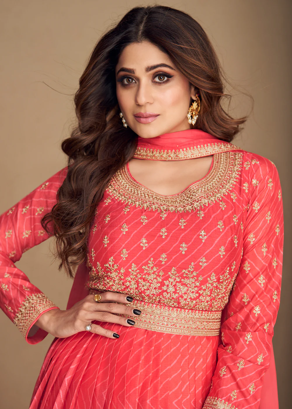Alluring Chinon Silk Peachy Orange Embroidered Engagement Wear Anarkali - Image 4