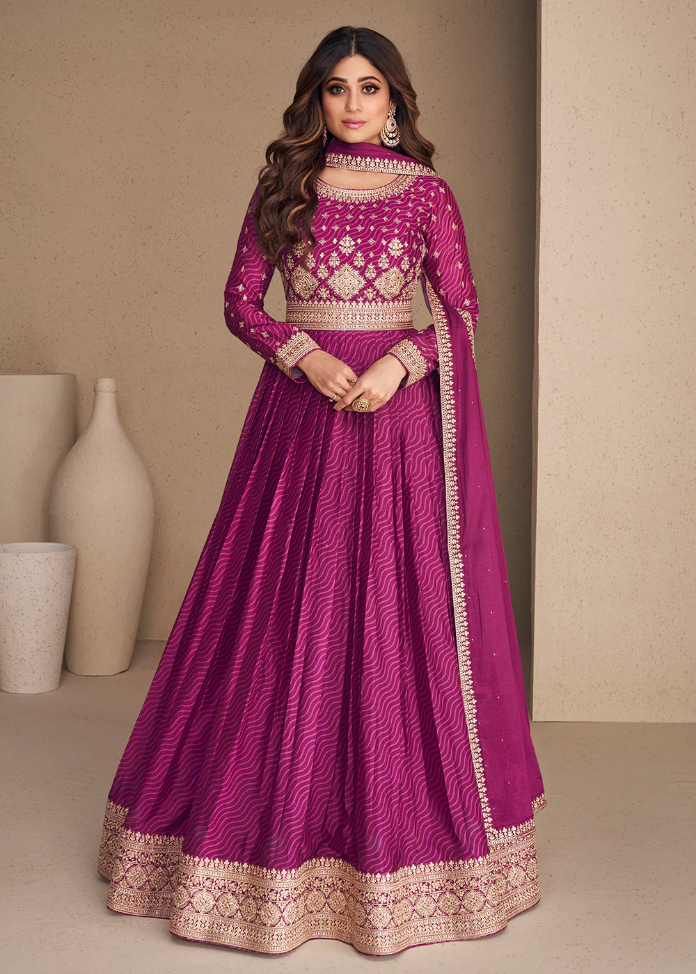 Alluring Chinon Silk Purple Embroidered Engagement Wear Anarkali - Image 3