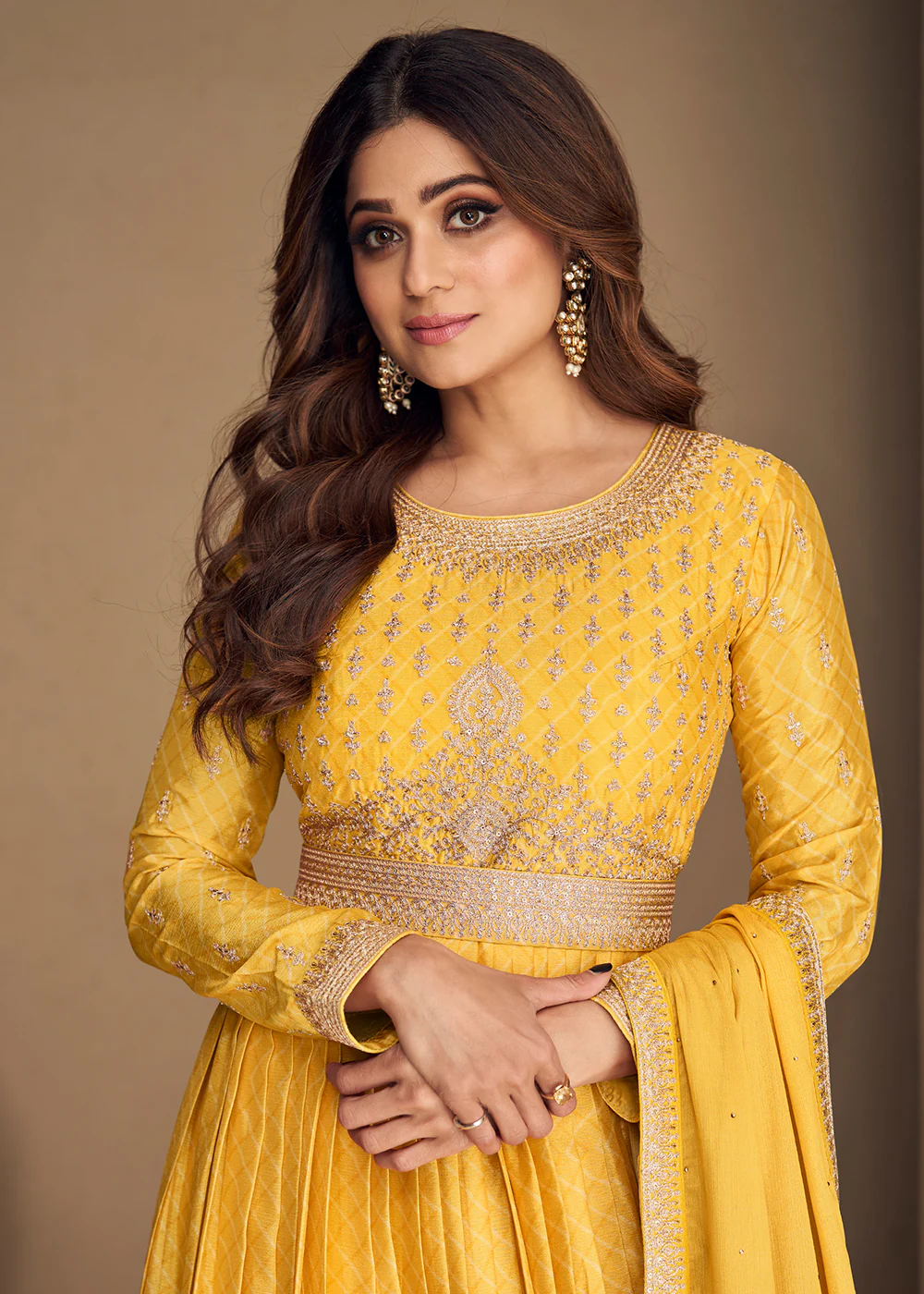 Alluring Chinon Silk Yellow Embroidered Engagement Wear Anarkali - Image 2