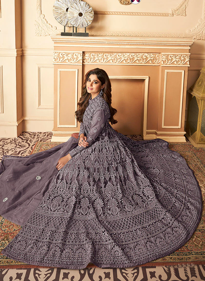 Alluring Dark Grey Shamita Shetty Designer Anarkali - Image 2