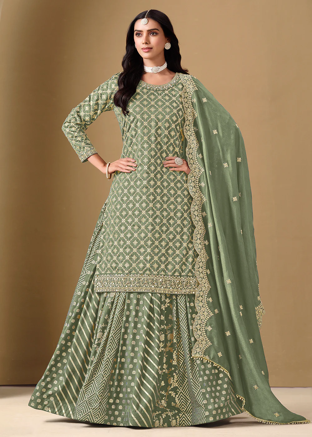 Alluring Green Lehenga Style Embroidered Festive Dress