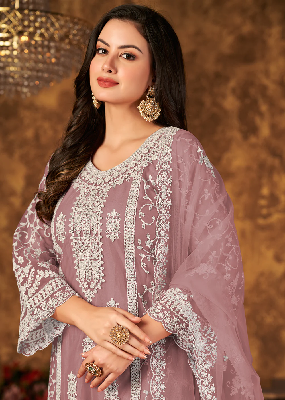 Alluring Mauve Cording Embroidered Net Palazzo Suit - Image 2