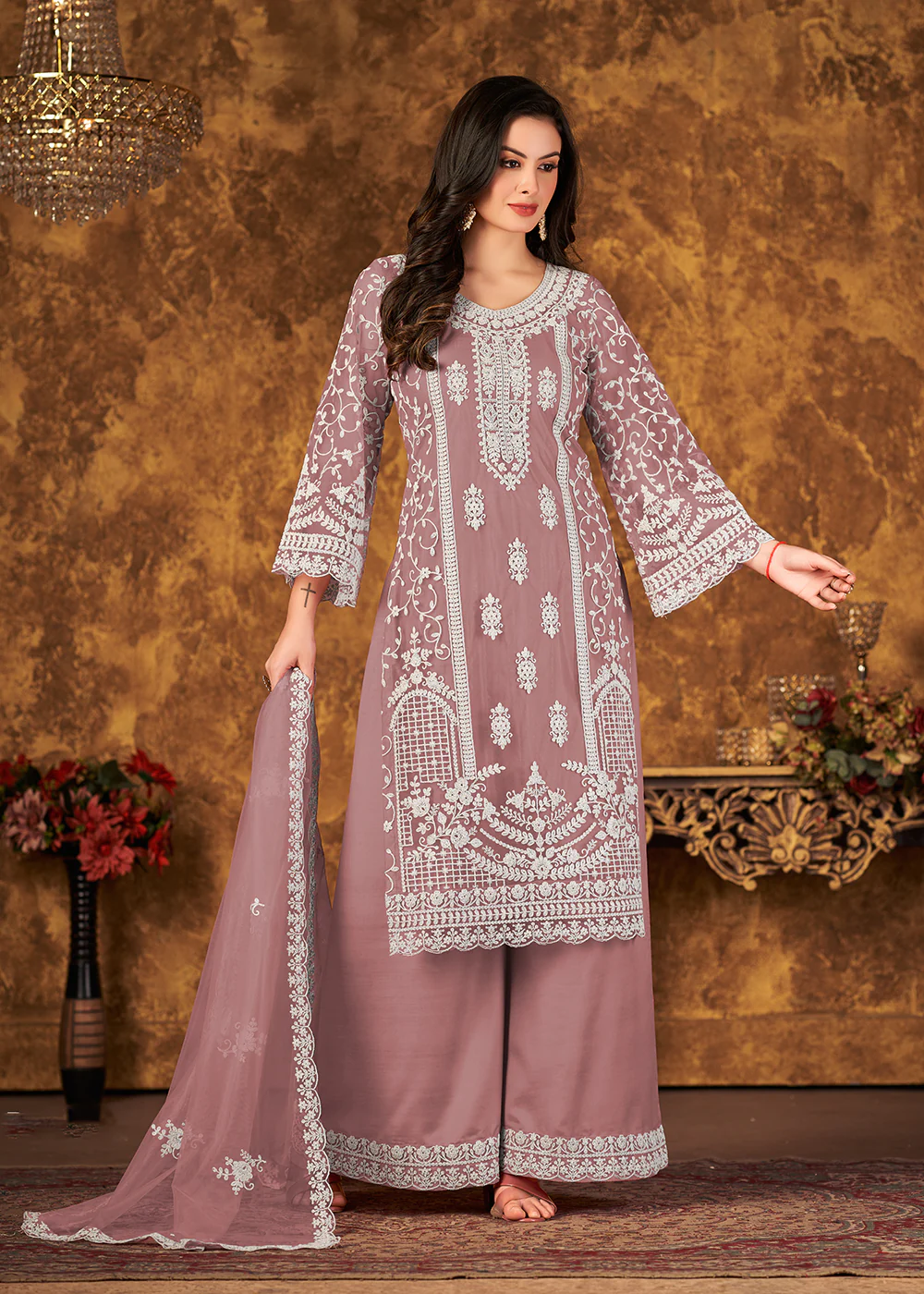 Alluring Mauve Cording Embroidered Net Palazzo Suit - Image 3