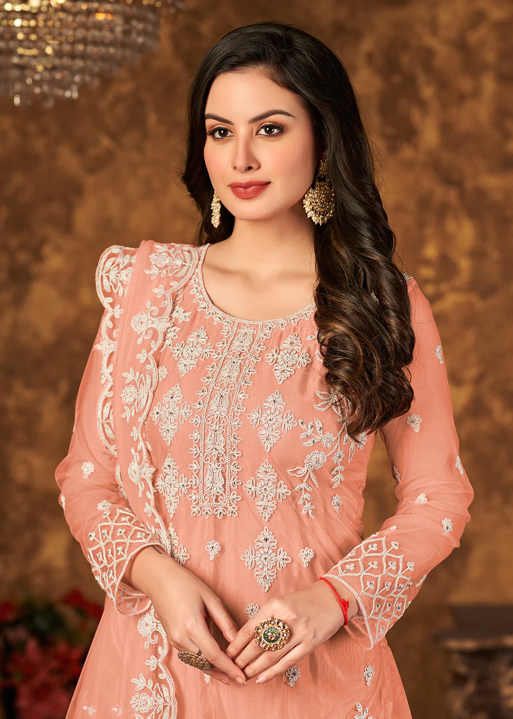 Alluring Peach Cording Embroidered Net Palazzo Suit - Image 2