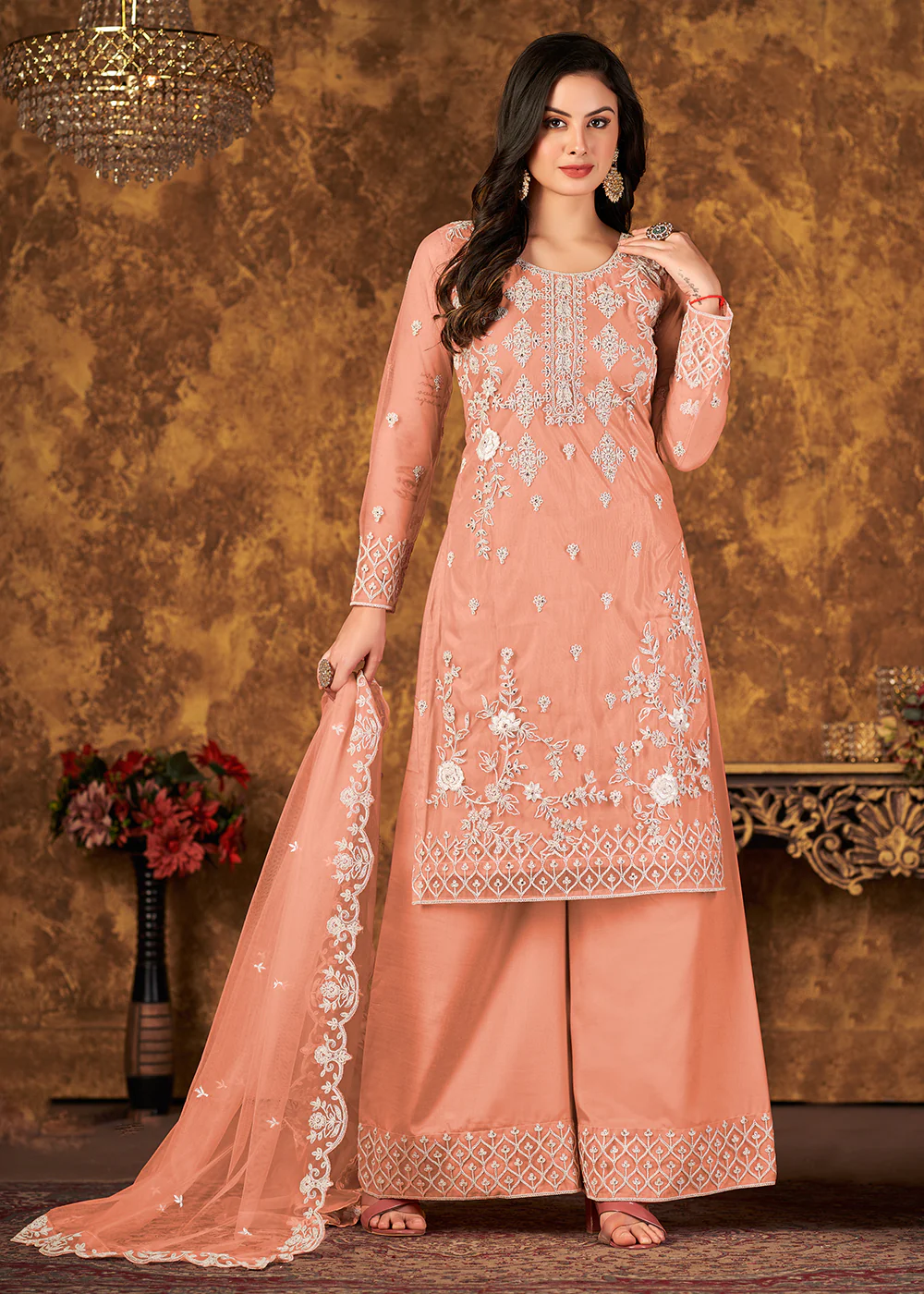 Alluring Peach Cording Embroidered Net Palazzo Suit - Image 3