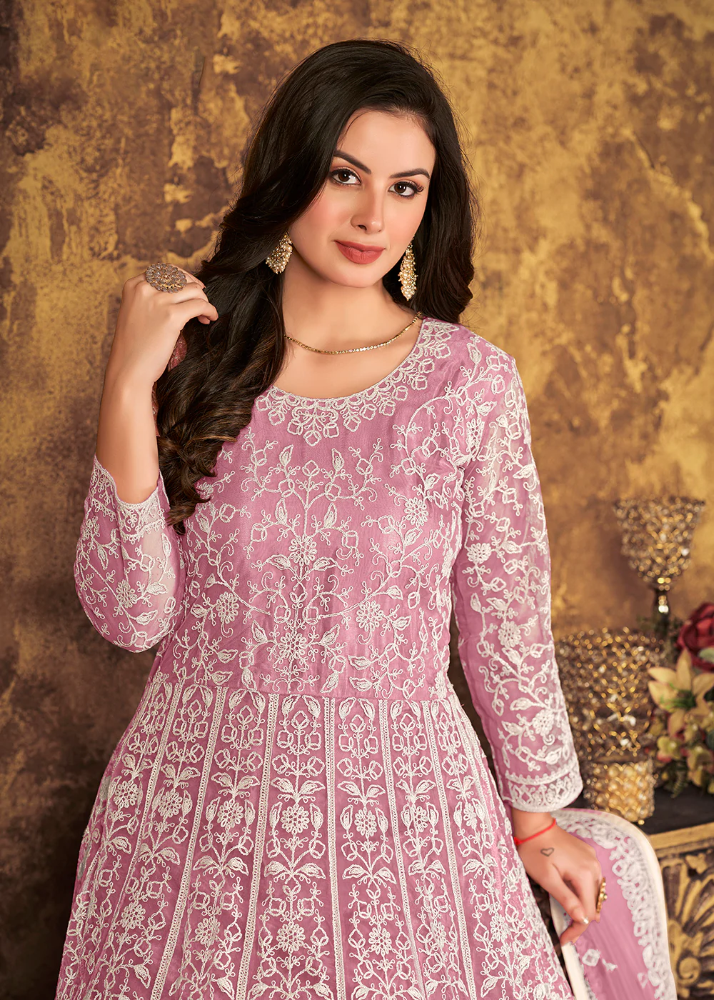 Alluring Pink Cording Embroidered Wedding Anarkali Dress - Image 2