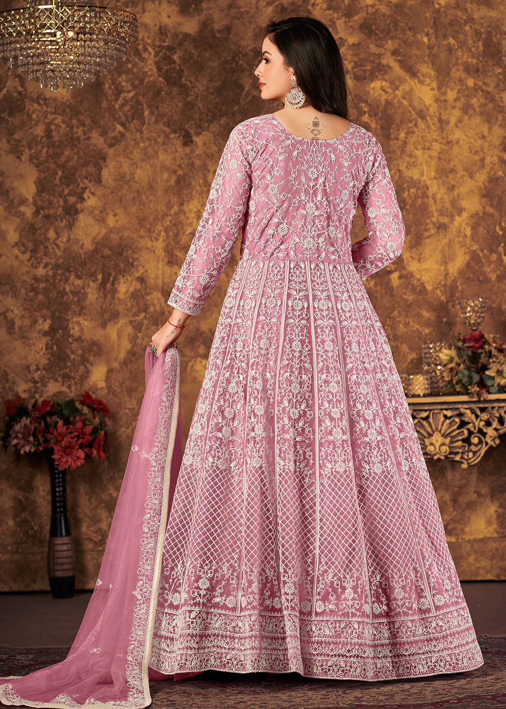 Alluring Pink Cording Embroidered Wedding Anarkali Dress - Image 3