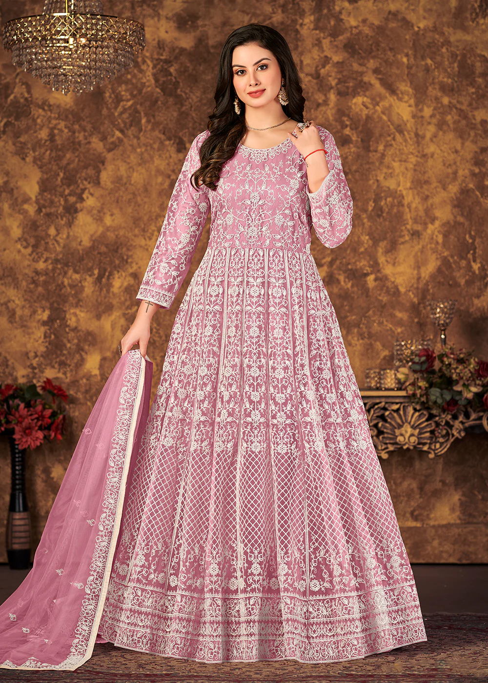 Alluring Pink Cording Embroidered Wedding Anarkali Dress - Image 4
