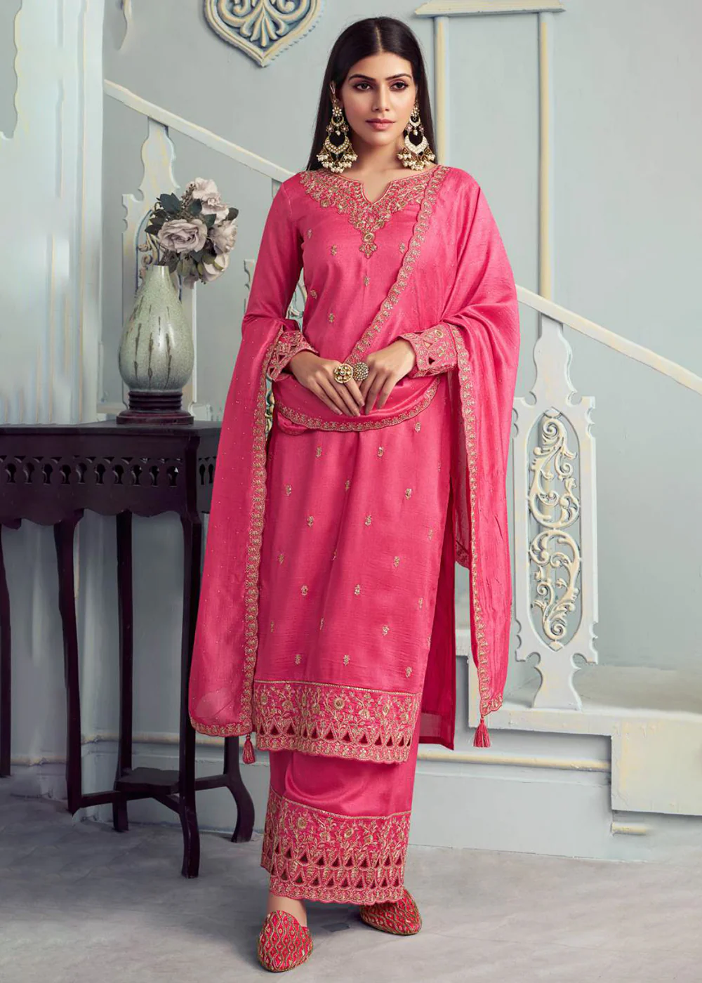 Alluring Pink Embroidered Silk Georgette Festive Salwar Suit