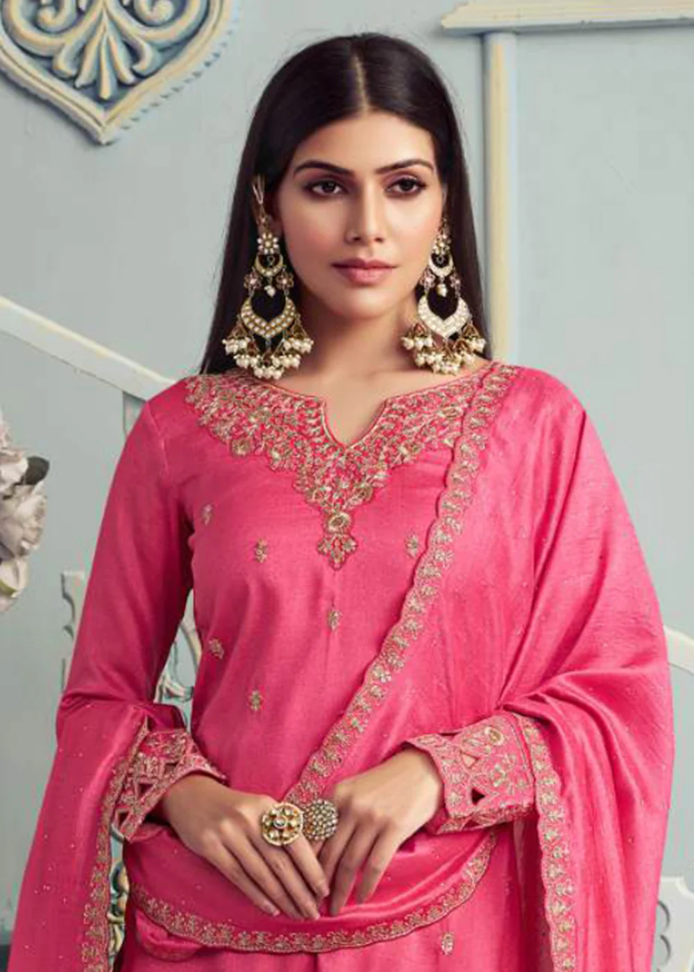 Alluring Pink Embroidered Silk Georgette Festive Salwar Suit - Image 2