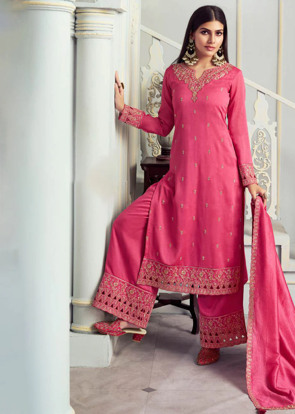 Alluring Pink Embroidered Silk Georgette Festive Salwar Suit - Image 3