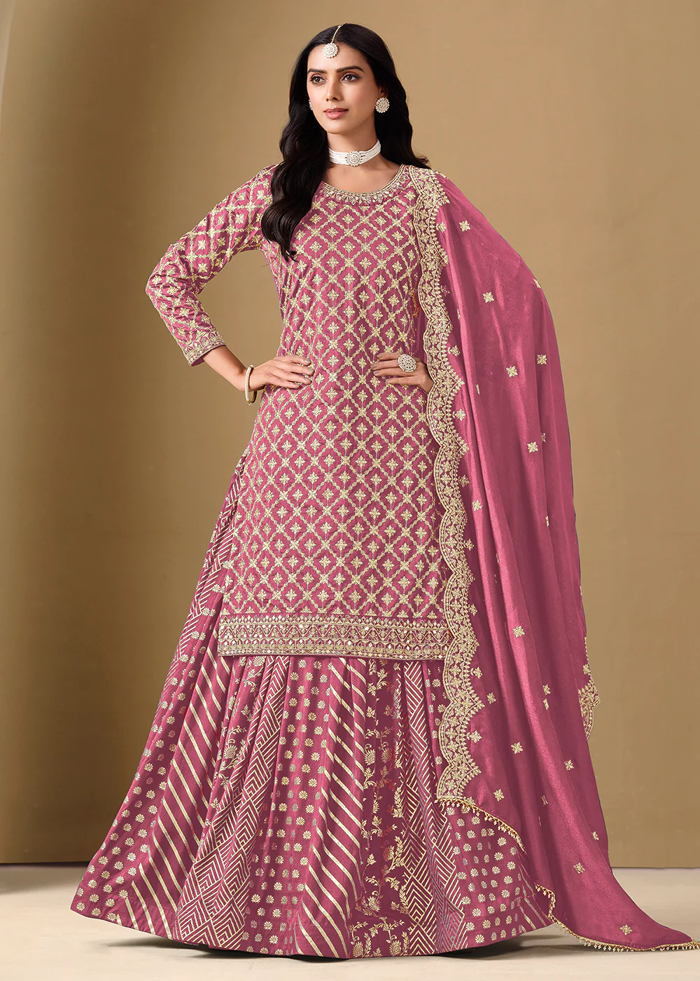 Alluring Pink Lehenga Style Embroidered Festive Dress