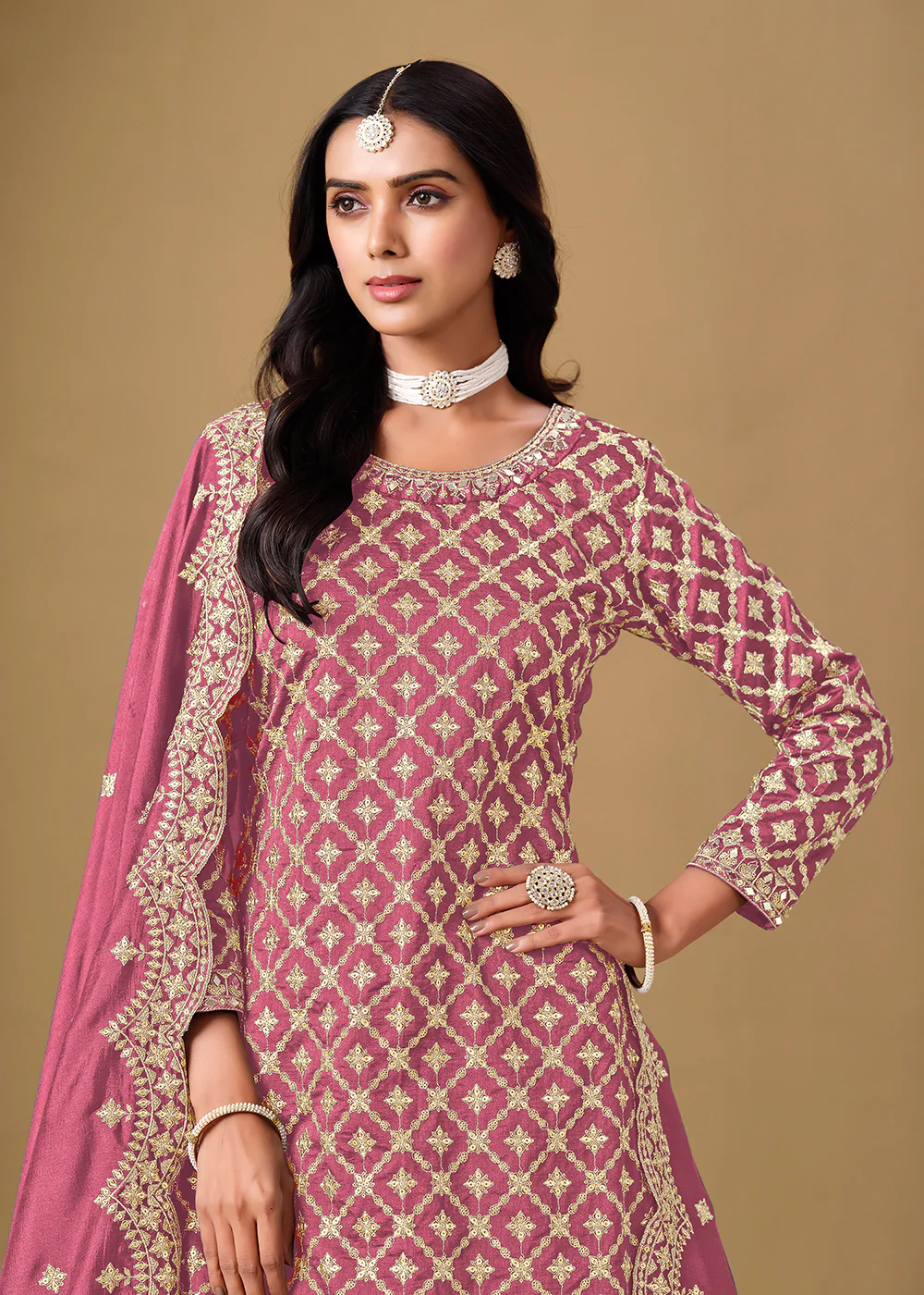 Alluring Pink Lehenga Style Embroidered Festive Dress - Image 2